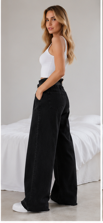 high-waisted wide-leg silhouette.