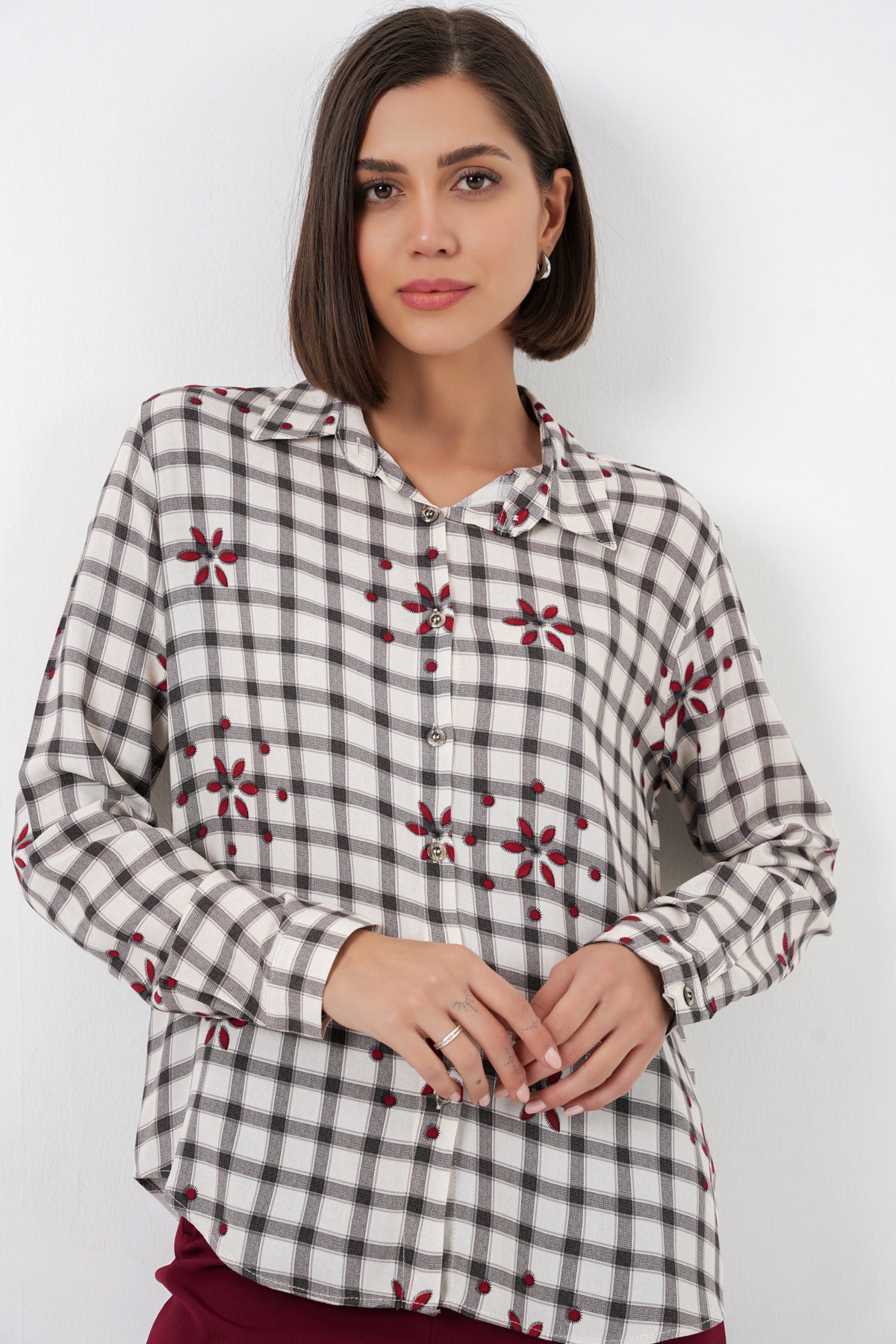Women's Patterned Oversize Viscose Shirt 20371 - Black